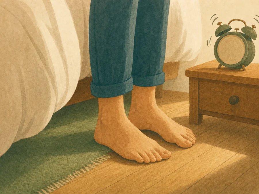 Feet placed on the floor beside a ringing alarm clock