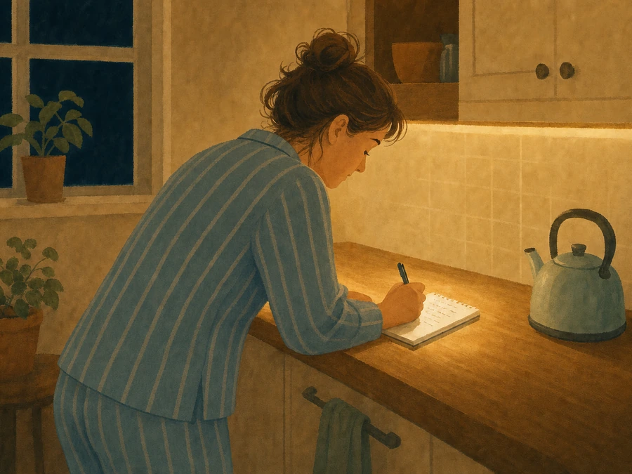 A woman writing a short worry list before bed