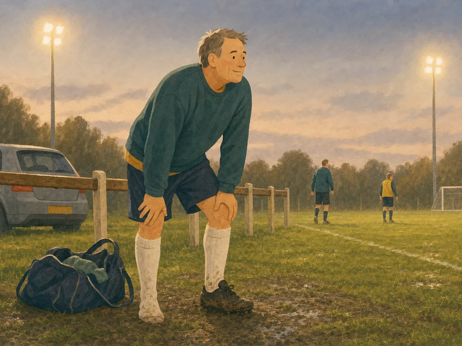 A man in his fifties catching his breath beside a wet Sunday league football pitch