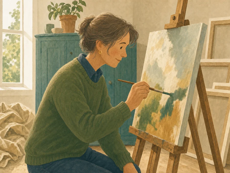 A woman painting at an easel in a bright room