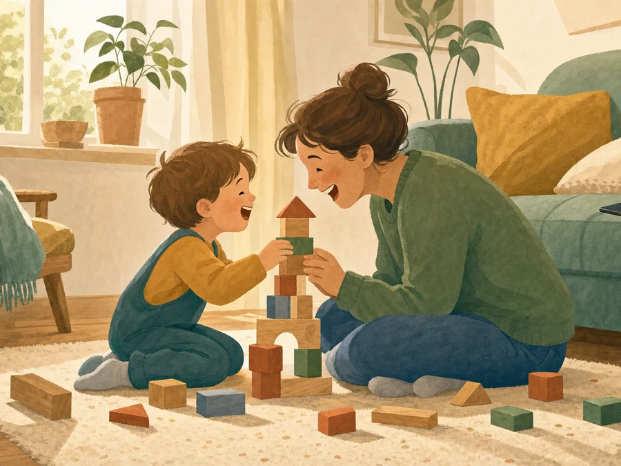 A white British mum playing wooden blocks with her child