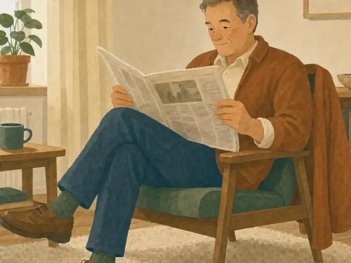 A man reading the newspaper with a cup of coffee in a calm morning room