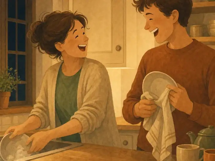 Two people laughing together while washing up in a warmly lit kitchen