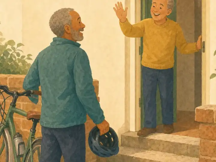 Two friends greeting each other beside a bicycle on a bright doorstep