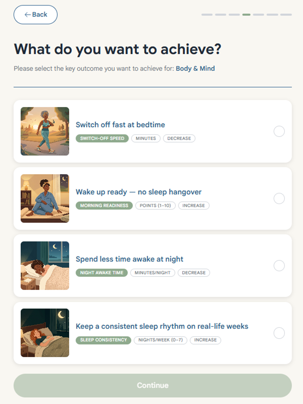 Crowdseek app showing sleep outcomes a user can choose